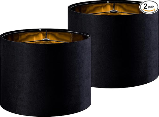 GO&SO Black Velvet Lamp Shades Set of 2 Medium Drum Lampshades -13" Top x 13" Bottom x 10" High(Spider) Traditional Fabric Lamp Shade for Table Lamps - Replacement Lampshade - Assembly Required