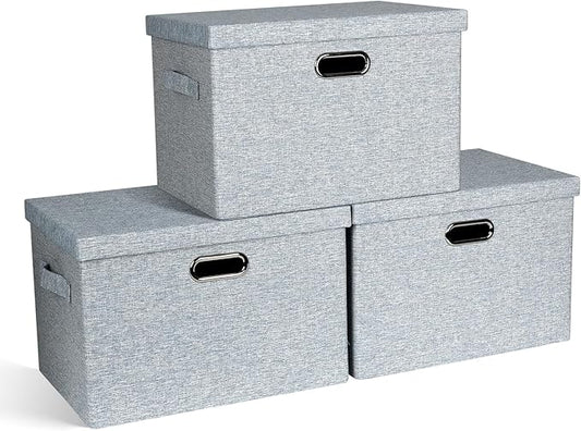 Graciadeco Large 17" 36 Quart Collapsible Stackable Storage Bins with Lids, 3 Packs Blue-Grey Linen Fabric Closet Boxes with Lids, Storage Cube Baskets Container Organizers for Bedroom (17x12x11)