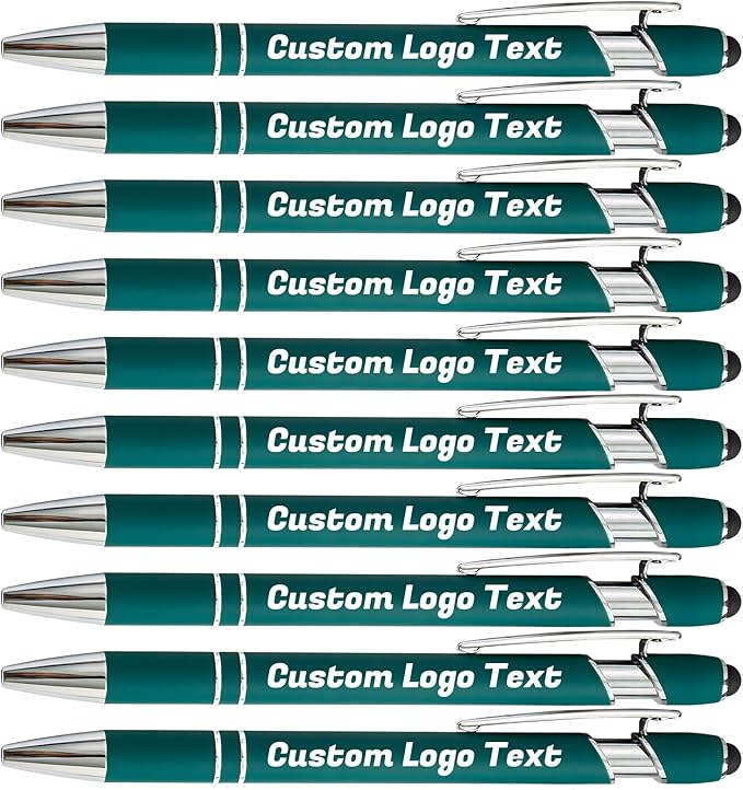 HEYZARDA Personalized Pens with Name Text Logo Custom Ballpoint Pen for Business Office Events with Stylus for Touchscreen 50 Pcs Dark Green