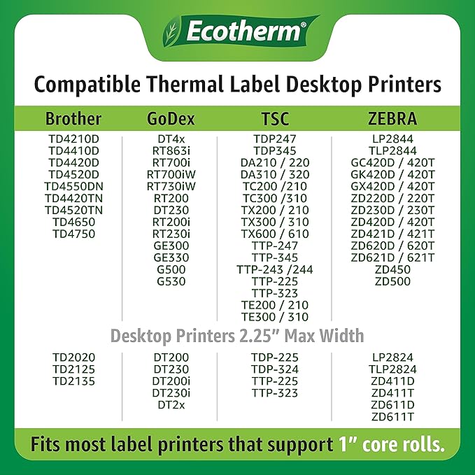 4" x 6" Thermal Labels | 4 Rolls | 1100 Labels | fits Zebra, Munbyn, Rollo, Godex, Arkscan, iDPRT, Offnova Thermal Label Printers and More | Blank White Adhesive Stickers by Ecotherm