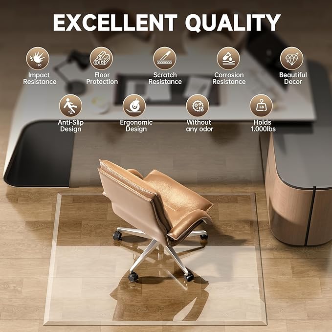 [Tempered Glass] 50“ x 44” Beveled Edge Glass Chair Mat with Polished Edge Clear Office Chair Mat, Glides Smoothly, Suitable for Carpet or Hardwood Floors