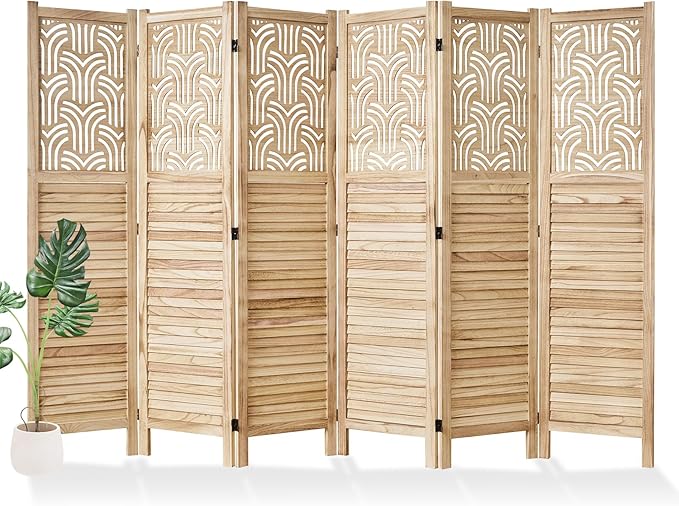 Svimi Folding Room Divider, 66.9 Inch 6 Panels Wood Carved Privacy Screens, Free Assembled Freestanding Portable Separation Wall for Home Office Bedroom (Natural)