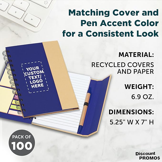 DISCOUNT PROMOS Custom Eco Friendly Spiral Notebooks with Pens Set of 100, Personalized Bulk Pack - Perfect for School, Office, Home - Blue