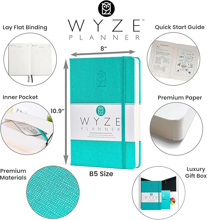 Wyze Planner Undated Daily Planner – 1-Year B5 Productivity Organizer with Two-Page Weekly Spread, Goal Setting, Habit Tracker, Weekly & Monthly Pages – Hardcover Time Management Notebook (Turquoise)