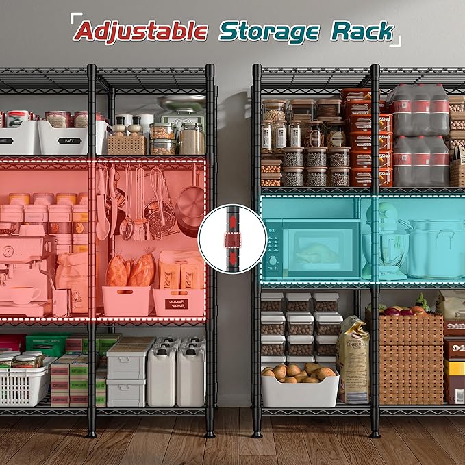 REIBII 78.4" W Storage Shelves 1500LBS, Metal Shelving Unit Wire Shelving for Garage Storage Rack, Adjustable Metal Shelf for Pantry Commercial Kitchen Garage Shelves, 78.4" W x 11.8''D x 59''H