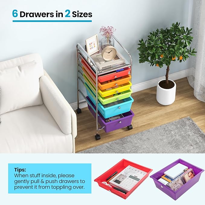 Giantex 6 Storage Drawer Cart Rolling Organizer Cart for Tools Scrapbook Paper Home Office School Multipurpose Mobile Utility Cart (Tomato, Orange, Light Green, Turquoise, Purple)