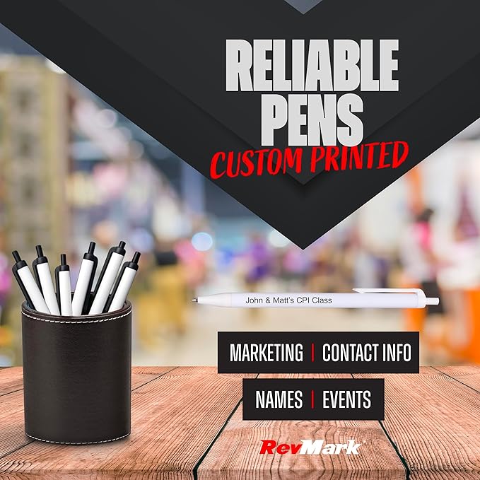 RevMark Personalized Ballpoint Pen, Custom Printed Name, Business or Event Information, Timeless Advertising, USA Made Pens, Promotional Marketing, Smooth Black Ink, Bulk Pack (White,250 Ct.)