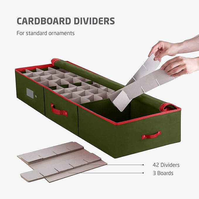 ZOBER Underbed Christmas Ornament Storage Box - Stores 120 3" Ornaments, With Dividers - Tear Proof 600D Oxford Fabric, Ornament Organizer Storage Box, Durable Christmas Containers Holder - Green