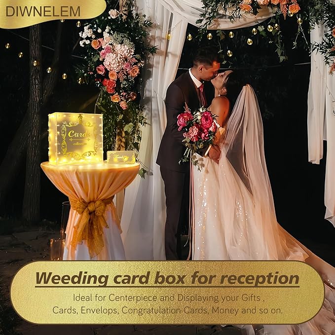 DIWNELEM Acrylic Wedding Card Box with Lock String Light Frosted Large Card Box for Wedding Letter Box Envelope Box Acrylic Gift Card Box Money Box for Party Birthday Reception