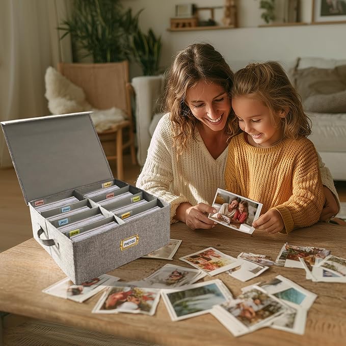 Erogeen Decorative Photo Storage Box with lid 4x6, 8 Inner Photo Organizer with Dividers, Memory Storage Box for Pictures, Stamps, Keepsakes (Gray)