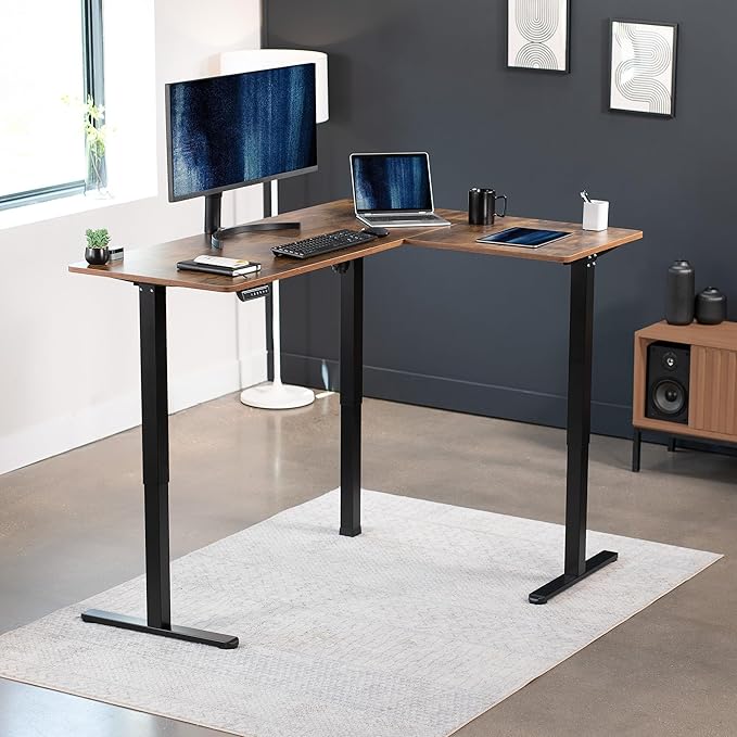 VIVO Electric Corner 63 x 47 inch L-Shaped Standing Desk, Memory Height Adjustment, Rustic Vintage Brown Top Black Frame, DESK-E3CTN-47