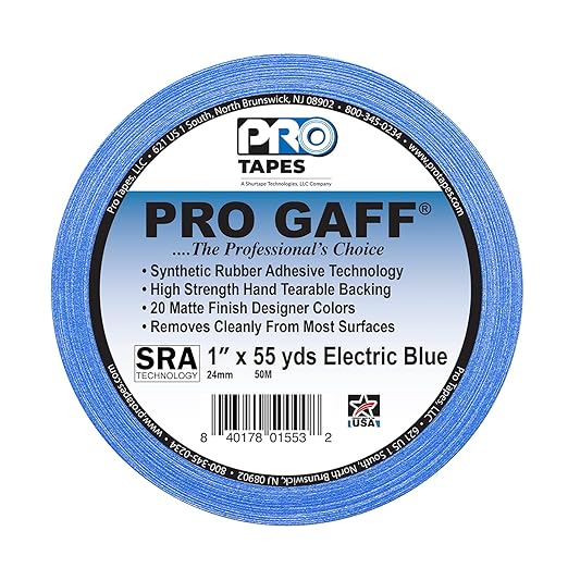 1" Width ProTapes Pro Gaff Premium Matte Cloth Gaffer's Tape With Rubber Adhesive, 11 mils Thick, 55 yds Length, Electric Blue (Pack of 1)
