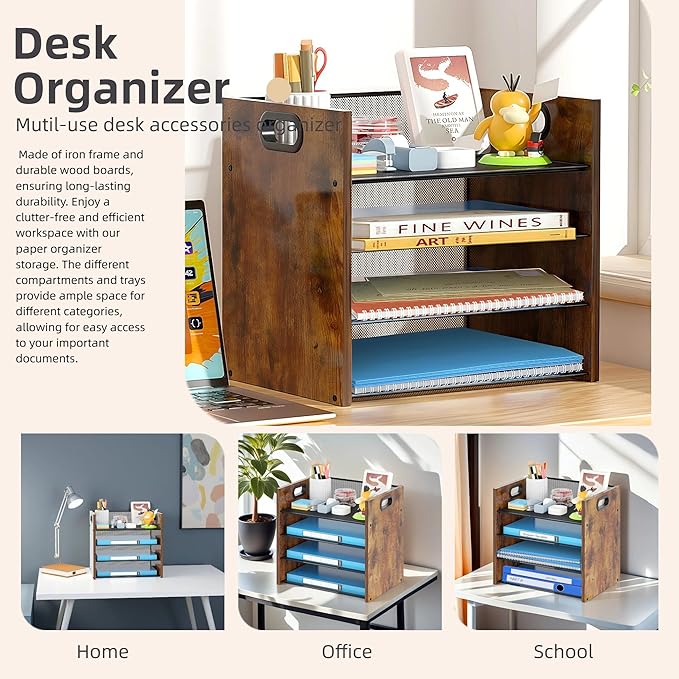 Boershun Wood Desk Organizer - 4-Tier Desktop File Organizer, Wooden Paper Organizer, Office Desk Organization for Accessories, Papers, Mail, Notebooks, Stationery
