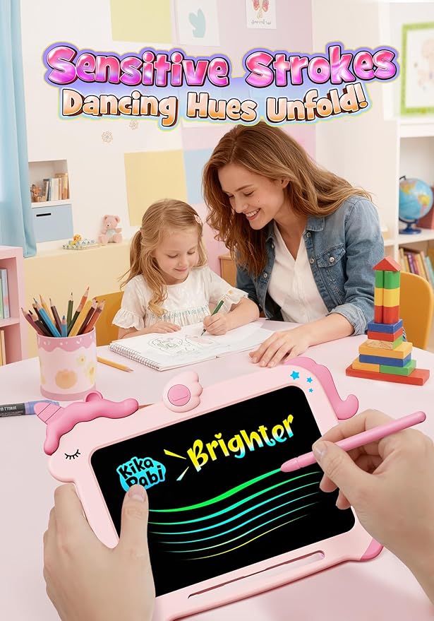 Kikapabi LCD Writing Tablet for Kids, Unicorn Colorful Screen Doodle Board, Electronic Drawing Pad, Educational Toy, Toddlers Travel Toy, Christmas Birthday Gift for 3 4 5 6 7 Year Old Girls Pink