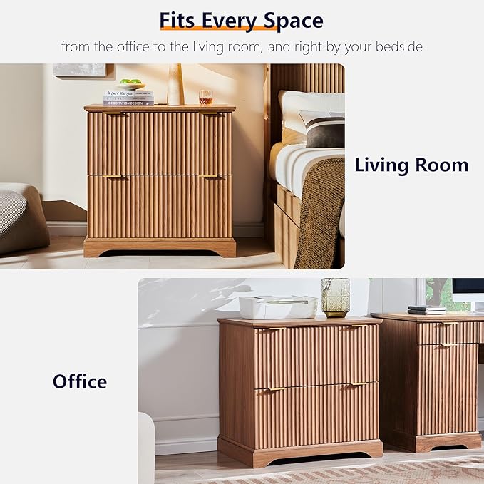 JXQTLINGMU 2 Drawer File Cabinet with Charging Station, 30" Fluted Lateral File Cabinet w/Files Hanging Rod for Letter/Legal/A4, Large Tabletop for Printer, Office Wood Printer Cabinets, Dark Grain
