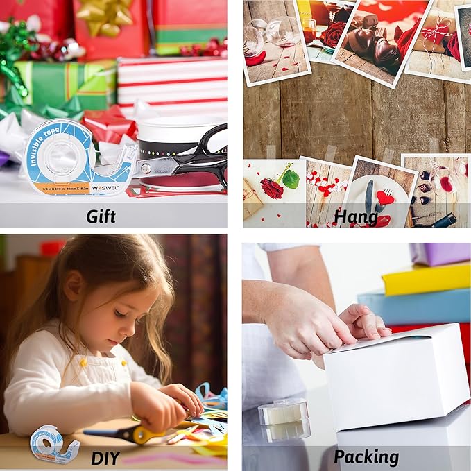 WOSWEL Tape Refills with Dispenser, 24 Roll Invisible Tapes, 3/4 Inch X 600 in, Gift Wrapping Tapes Supplier for Valentine's Day Home School Office Use