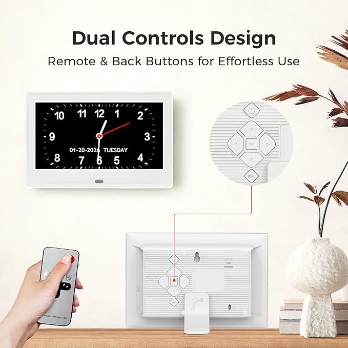 7'' Digital Clock, Dementia Clock With Date And Time, 10 Reminders, 6 Alarms, Auto-Dimming, Auto DST, Remote Control, Large Display Alarm Clock For Seniors, Gifts For People With Dementia, White