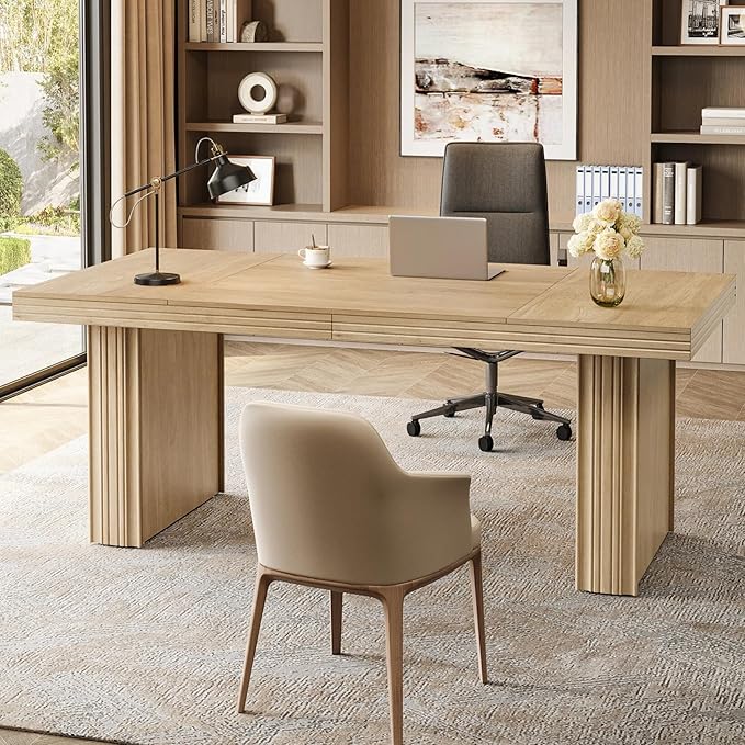 Tribesigns 63" Executive Desk, Modern Executive Office Desk with Thickened Desktop and Heavy-Duty Legs, Wood Writing Workstation Study Table Conference Table for Office, Natural