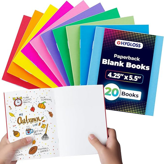 Hygloss Blank Books - Bulk 20 Pack – 4.25" x 5.5" A6 Assorted Colors – Paperback Blank Books for Kids to Write Stories, Doodle Art – Plain Drawing Sketchbook, Unlined Journal, Notebook Without Lines