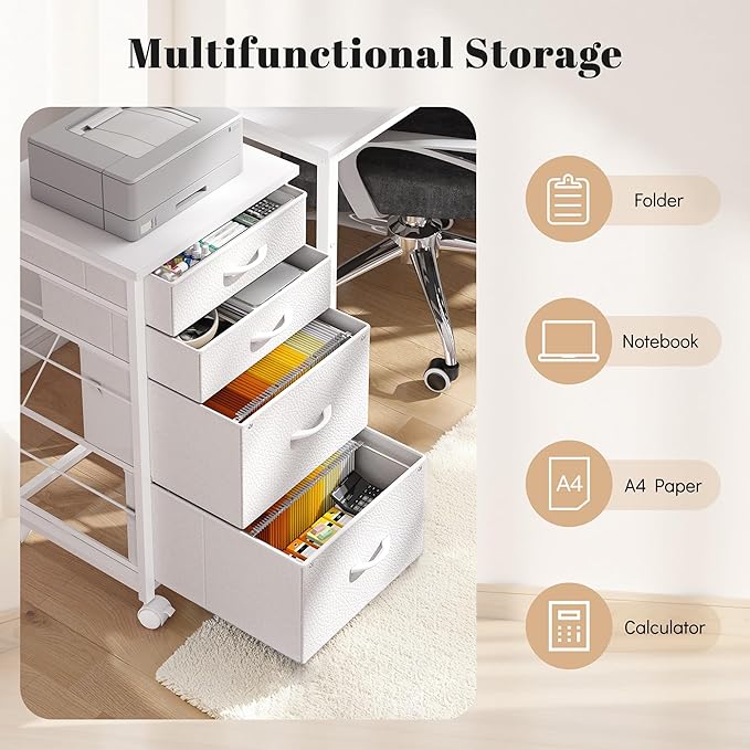 4 Drawers Mobile File Cabinet Vertical Filing Cabinet with Fabric Drawer Fits A4/Letter Size Printer Stand for Home Office，White