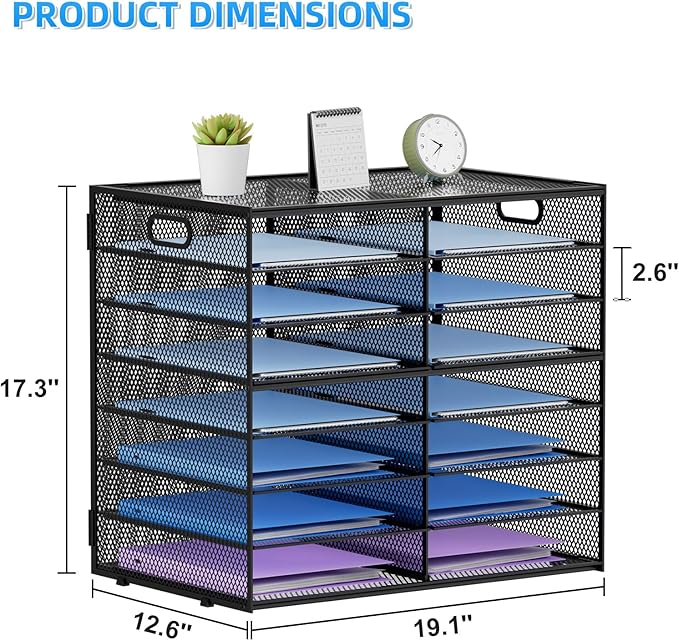 Lavatino 14 Compartments Paper Organizer for Desk, Mesh Literature Organizer, Mail File Sorter Tray with Handle, Desktop Mailbox for Office Classroom Home, Black