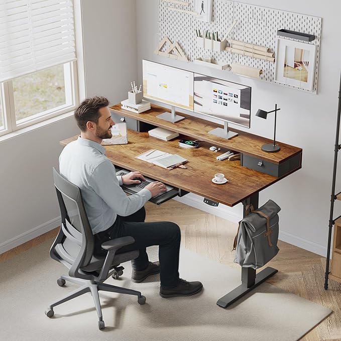 Klicelor 63 Inch Electric Standing Desk with Drawers and Keyboard Tray, Height Adjustable Desks for Home Office, Sit Stand Up Computer Workstation with Two Pieces, Rustic Brown
