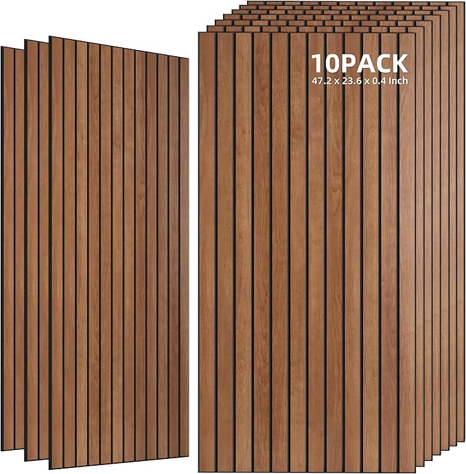 TO-TH Wood-Look Acoustic Wall Panels, 10 Pack 47.2” x 23.6” Sound Panels, Decorative Wood Panels for Wall Sound Dampening Panels for Home, Office, Basement, Cherry with Mitered Edges