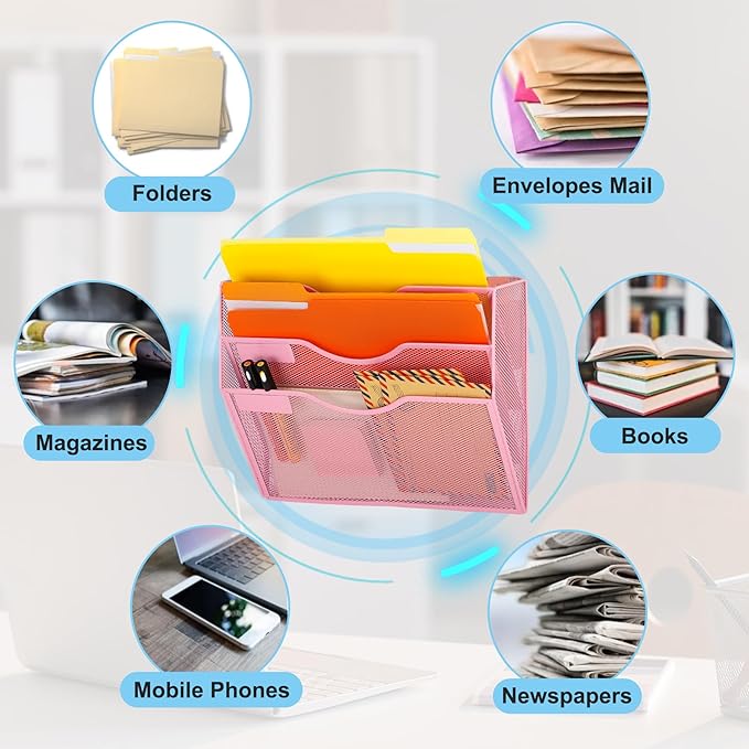 EASEPRES Magnetic 3 Pocket Mesh Hanging Wall File Organizer, Wall Mounted Mail Paper Document Folder Holder, Clipboard Storage Magazine Rack with Nametag Label for Office Home School, Pink