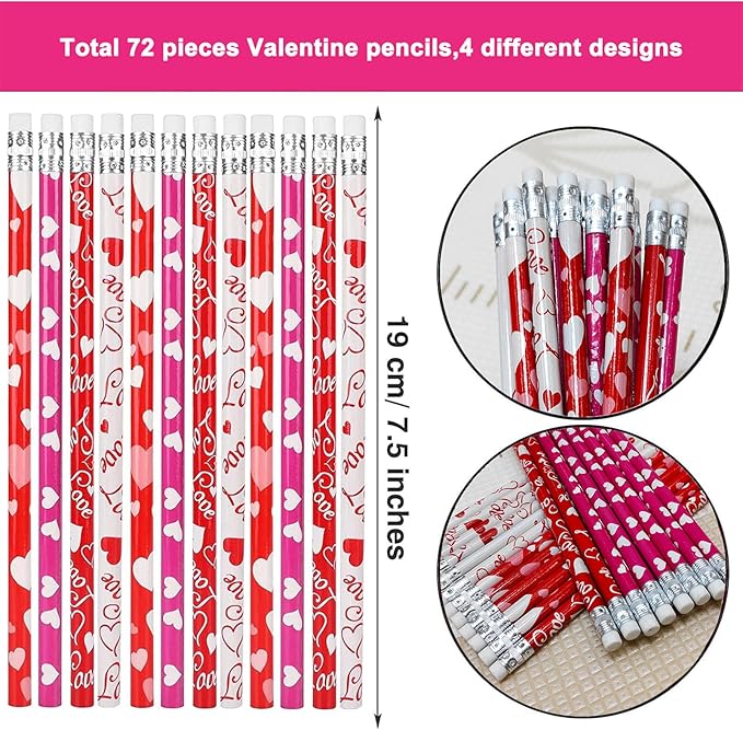 Hdagbnn 72PCS Valentine's Day Pencils,Wooden Heart Pencil with Eraser,Red Heart Pencil,Bullk Pencils for Exchange Gifts,Kids School Rewards Giveways Party Favors