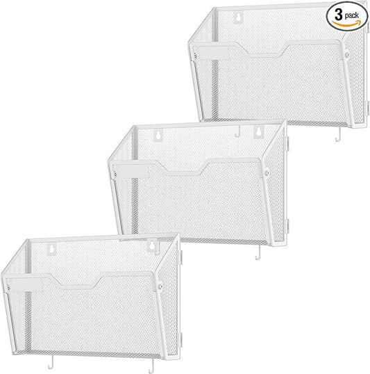 Docnest 3 Pack Hanging Wall File Holders, Mesh Wall Letter File Holder, Wall Mounted Mail Paper Document Folder Holder with Hooks for Office, Home, School, White