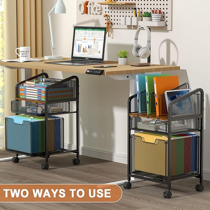 Tiaoheka Rolling File Cabinet with Adjustable Dividers, Mobile Filing Cabinet with 2 Storage Drawers on Lockable Wheels, Hanging File Organizer Beside Under Desk for Office, Home（Patent Pending）