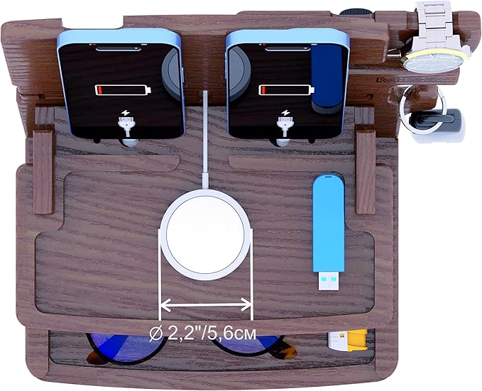 MED Wood Phone Docking Station – Nightstand Desk Organizer for Phone, Watch, Wallet & Tablet – Gift for Men, Husband, Dad & Women – Wooden Charging Stand, (Dark Walnut, Model 2)