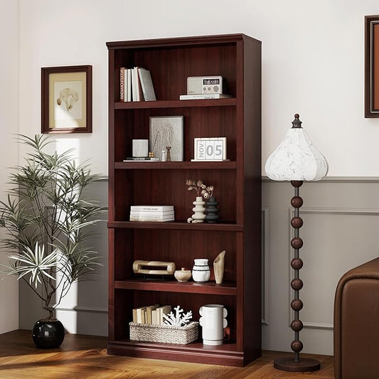 blini 5-Shelf Tall Bookcase Wooden Bookshelves 33in Wide Floor Standing Display Storage Shelves Mahogany Bookcase for Home Office, Living Room, Bed Room