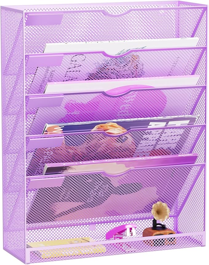 GDINDINFAN Hanging Wall File Organizer 6 Tier Wall Mounted Mail Paper Folder Holder Document Organization Stand, Vertical Desk Magazine Rack for Office Home Cubicle Countertop, Light Purple