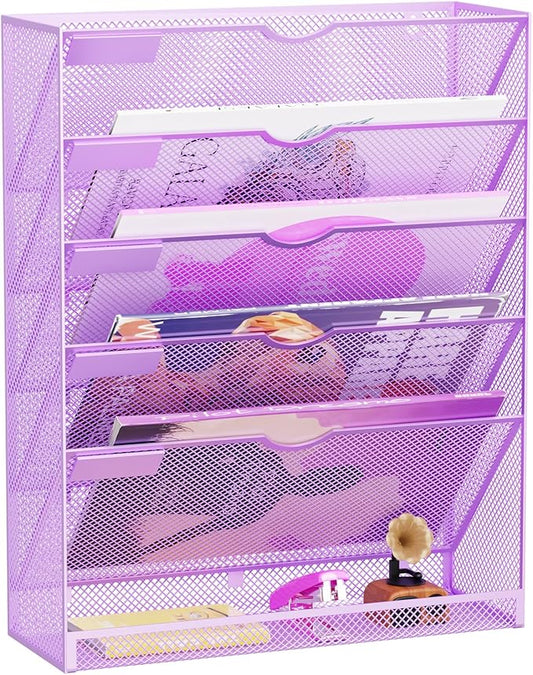 GDINDINFAN Hanging Wall File Organizer 6 Tier Wall Mounted Mail Paper Folder Holder Document Organization Stand, Vertical Desk Magazine Rack for Office Home Cubicle Countertop, Light Purple