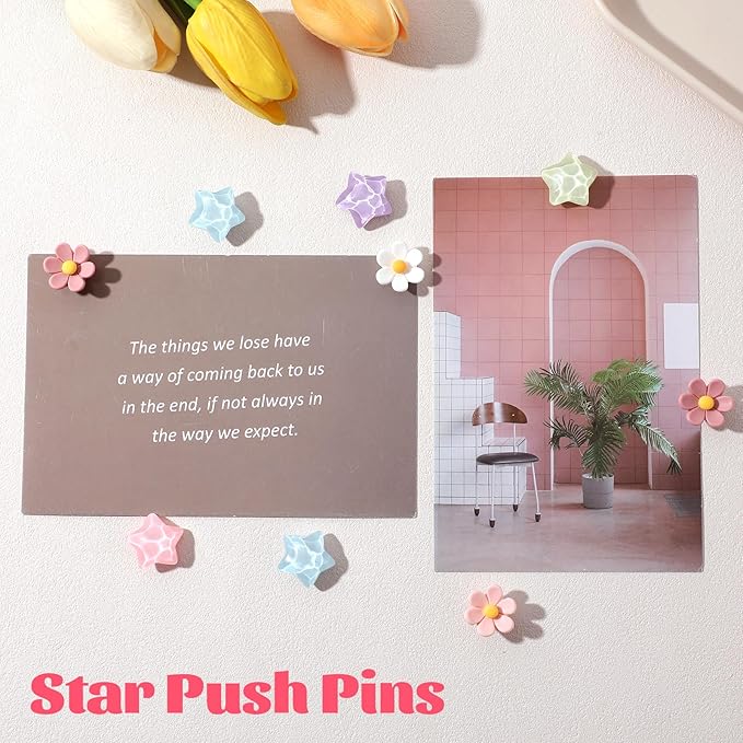 Sibba Thumb Tacks 30 PCS Colorful Cute Push Pins for Bulletin Board Star-Shaped Thumbtacks Decorative Flower Thumbtacks for Office Home and School Cork Board Cubicle Wall Accessories (Rainbow Colors)