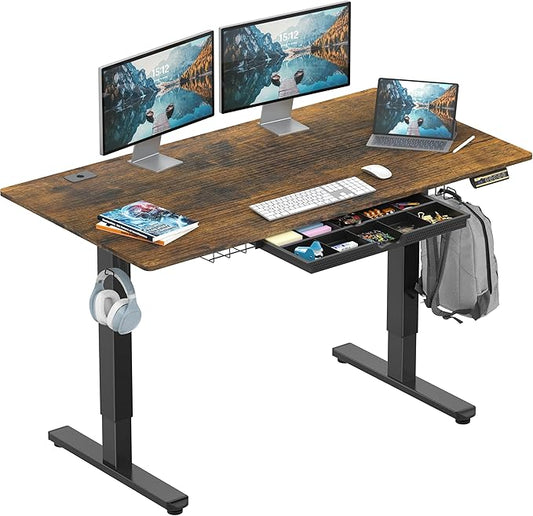 SHW 55 x 28 Inches Electric Height Adjustable Standing Desk with Drawer and Memory Preset, Rustic Brown