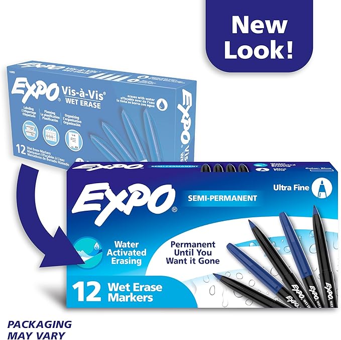 EXPO Wet Erase Markers, Semi-Permanent, Blue, Ultra Fine Tip, 12 Count - For Writing on Glass, Whiteboards, Mirrors, Calendar, Labeling, Organizing
