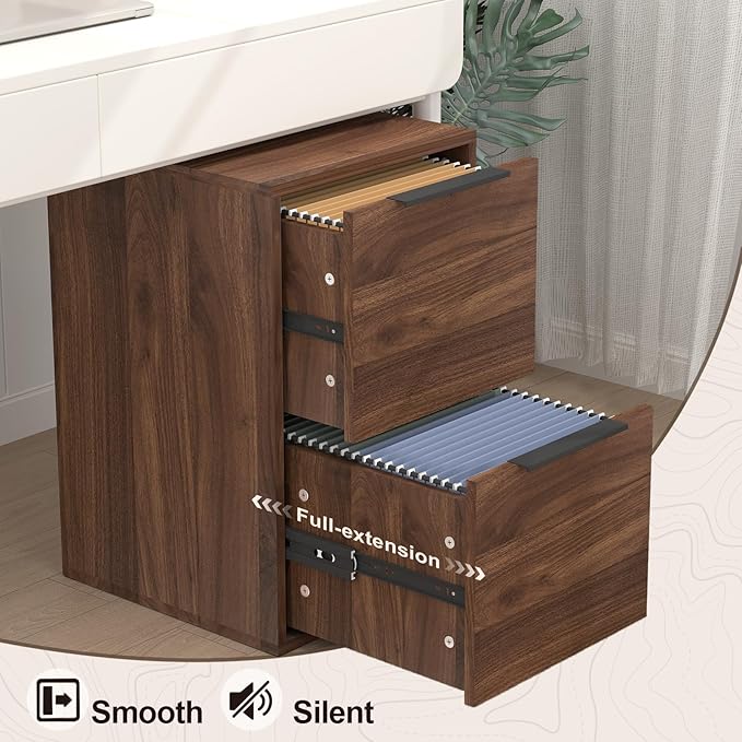 FATIGOS 2 Drawer File Cabinets, Wood File Cabinet with Hanging Bar for Letter Size, Under Desk Drawer, Small File Cabinets for Home Office, Dark Walnut