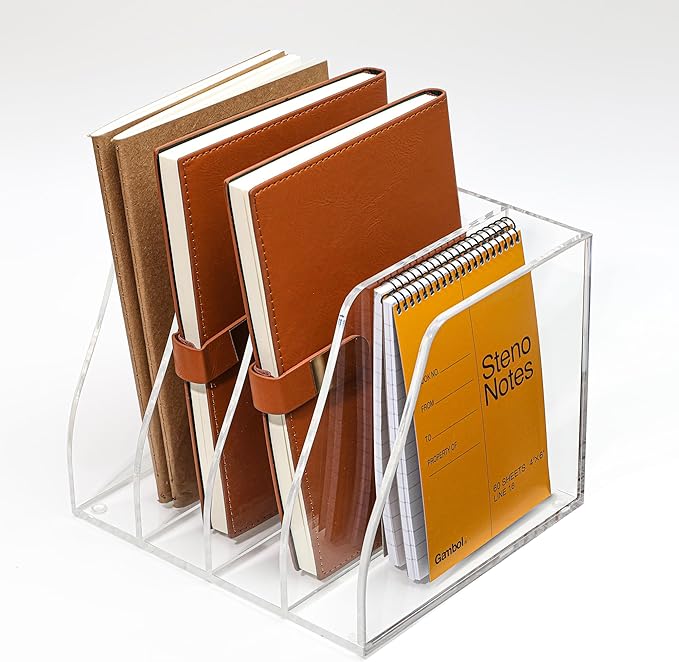 AIDIMOO Acrylic Magazine File Holder, 4 Vertical Compartments Desk Document Sorter Organizer, Clear Folder Rack Binder for Office, Documents, Tablets, Magazines, Books – Home/Classroom Rack
