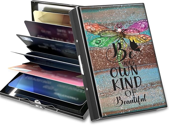 BWEGRHE Slim Credit Card Holder, Dragonfly Glitter Wood RFID Blocking Metal Wallet for Men & Women, Aluminum Minimalist Hard Case Pocket-Sized Business Cards Organizer (Fits Up to 10 Cards)