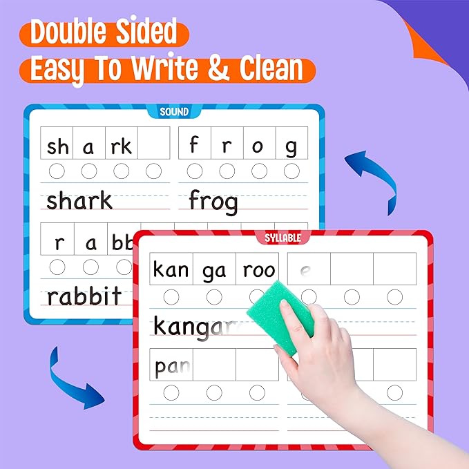 8 Packs Phonemic Awareness Dry Erase Board, Double Sided Dry Erase Board Writable and Erasable Phonics Learning White Board for Kids, Students, Classroom and Home (Each Measures 12” x 9”)