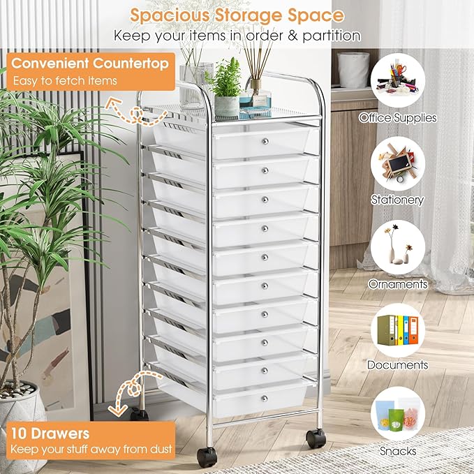 GLACER 10 Drawers Rolling Cart, Storage Cart with w/Removable Drawers & Steel Frame, Utility Mobile Trolley w/Universal Casters & 2 Brakes, Organizer Cart for Home, School, Office (Clear)