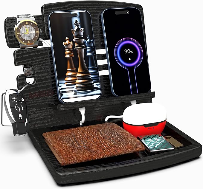 MED Wood Phone Docking Station – Nightstand Desk Organizer for Phone, Watch, Wallet & Tablet – Gift for Men, Husband, Dad & Women – Wooden Charging Stand with Key Holder (Black, Model 1)