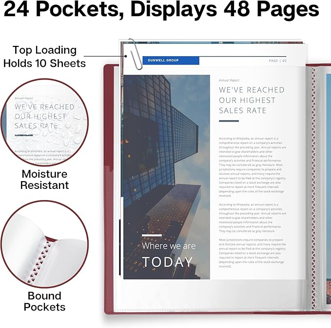 Dunwell Presentation Binder 24-Pocket, Displays 48 Pages, 8.5x11 Portfolio Binder with Plastic Sleeves, Storage and Organizer for Documents, Certificates, Projects, Photos (Ruby)