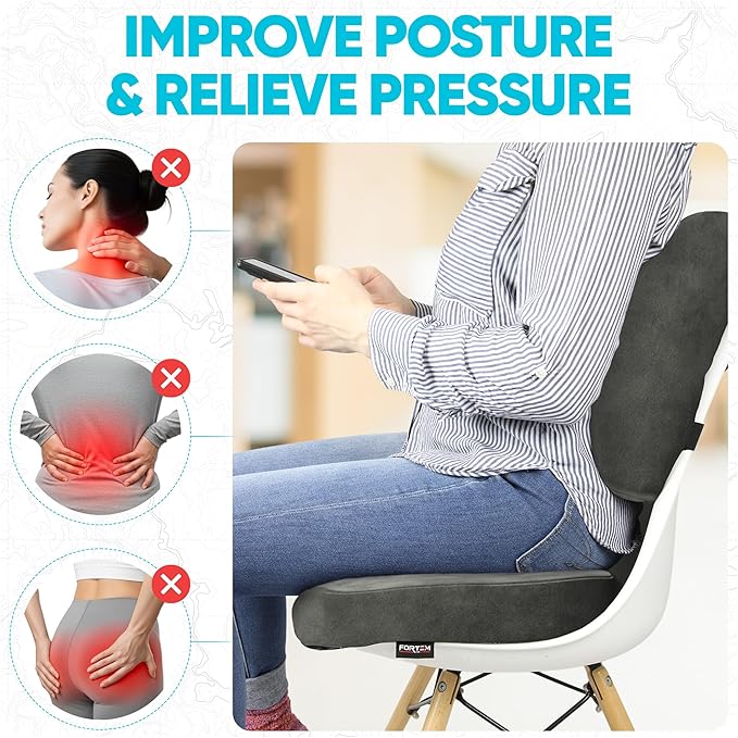 FORTEM Seat Cushion, Office Chair Cushion, Lumbar Support Pillow for Office Chair, Memory Foam Sciatica Coccyx Tailbone Pressure Pain Relief, Car Sitting Pad, Washable Non Slip, XL
