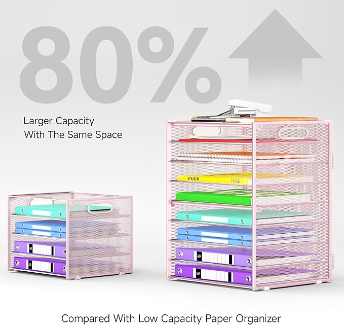 Cawukege 9 Tier Paper Organizer with Handle, Large Capacity Desk Organizer Mesh File Folder Letter Paper Tray Desktop Document Sorter for Classroom, School, and Office Accessories Organization- Pink
