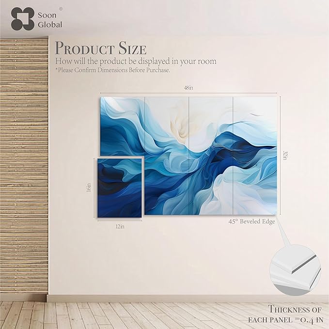 Soon Global 8-Pack Acoustic Panels, Soundproof Wall Panels, 48 X 32 Inches Sound Absorbing Panels, Decorative Acoustical Wall Panels, Acoustic Treatment for Recording Studio, Harmony in Azure