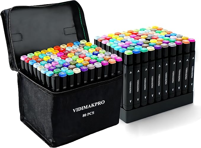 VIDIMAKPRO Alcohol Markers 80 Colors with Base Dual Tip Art Drawing Markers for Kids Students and Adults Comics Sketching Illustration - Refillable