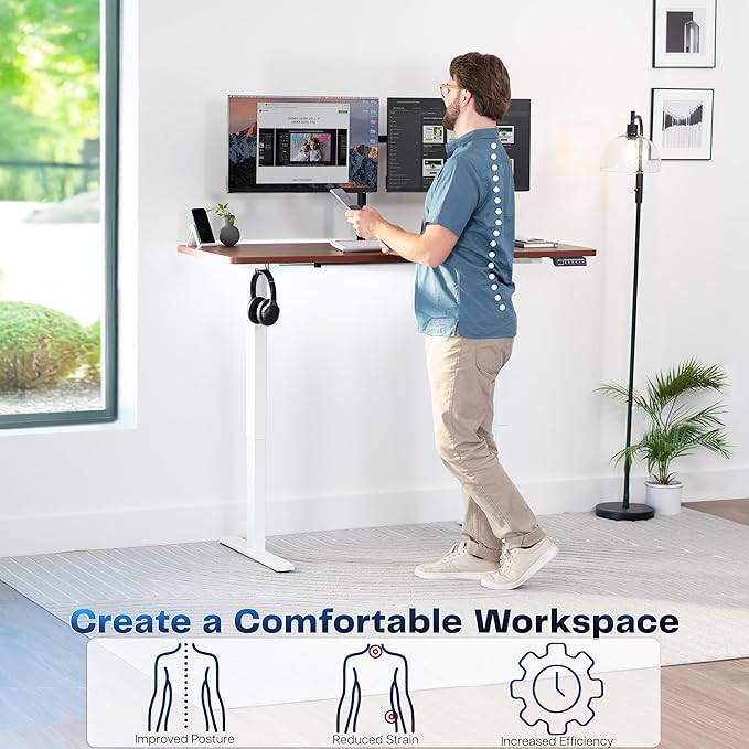 VIVO Electric 60 x 24 in Standing Desk, Memory Height Adjustment, 1B Series, Holds 220 lbs, One-Piece Dark Walnut Top, White Frame, DESK-KIT-1W6D